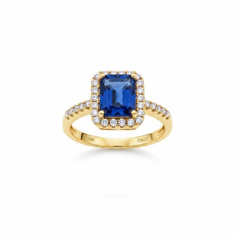 18K/Italy 2.5ct Blue Emerald Cut Yellow Gold Filled Ring(stamped)-8US