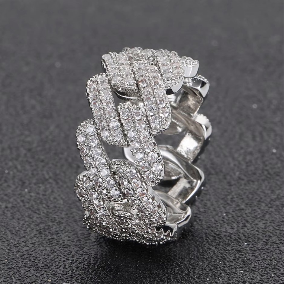 18K White Gold-Filled Cuban Iced Out Ring with Cubic Zirconias - Size 8
