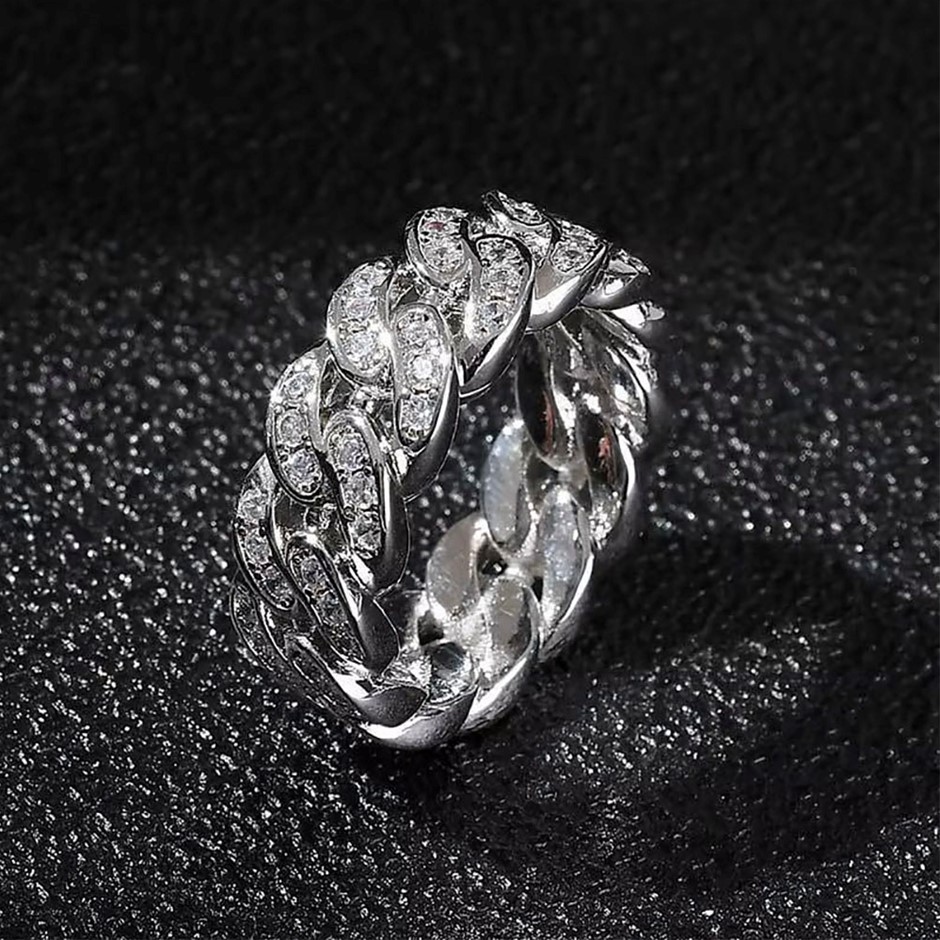 18K White Gold-Filled Cuban Style Link Ring with Cubic Zirconias - Size 8