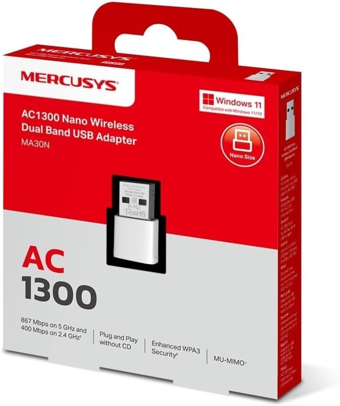 Mercusys AC1300 Nano Wireless Dual Band USB Adapter, Plug & Play Buyers No