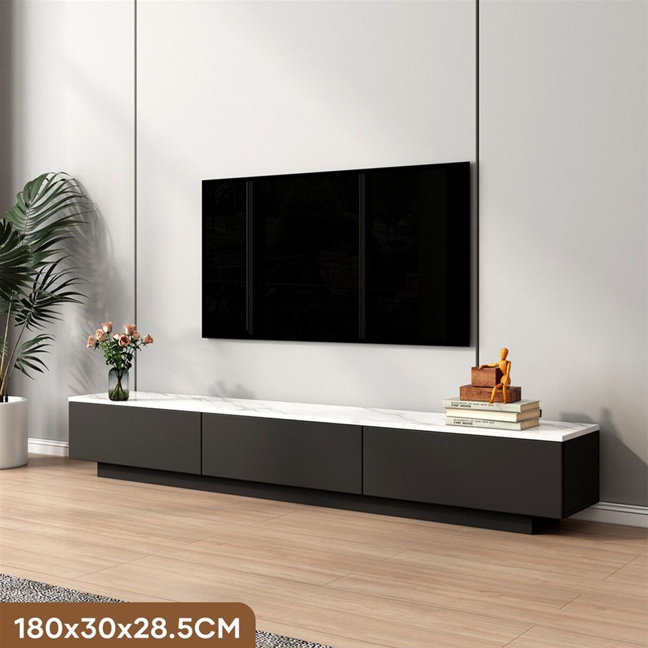 Black 180cm TV Cabinet Entertainment Unit White Faux Marble Top
