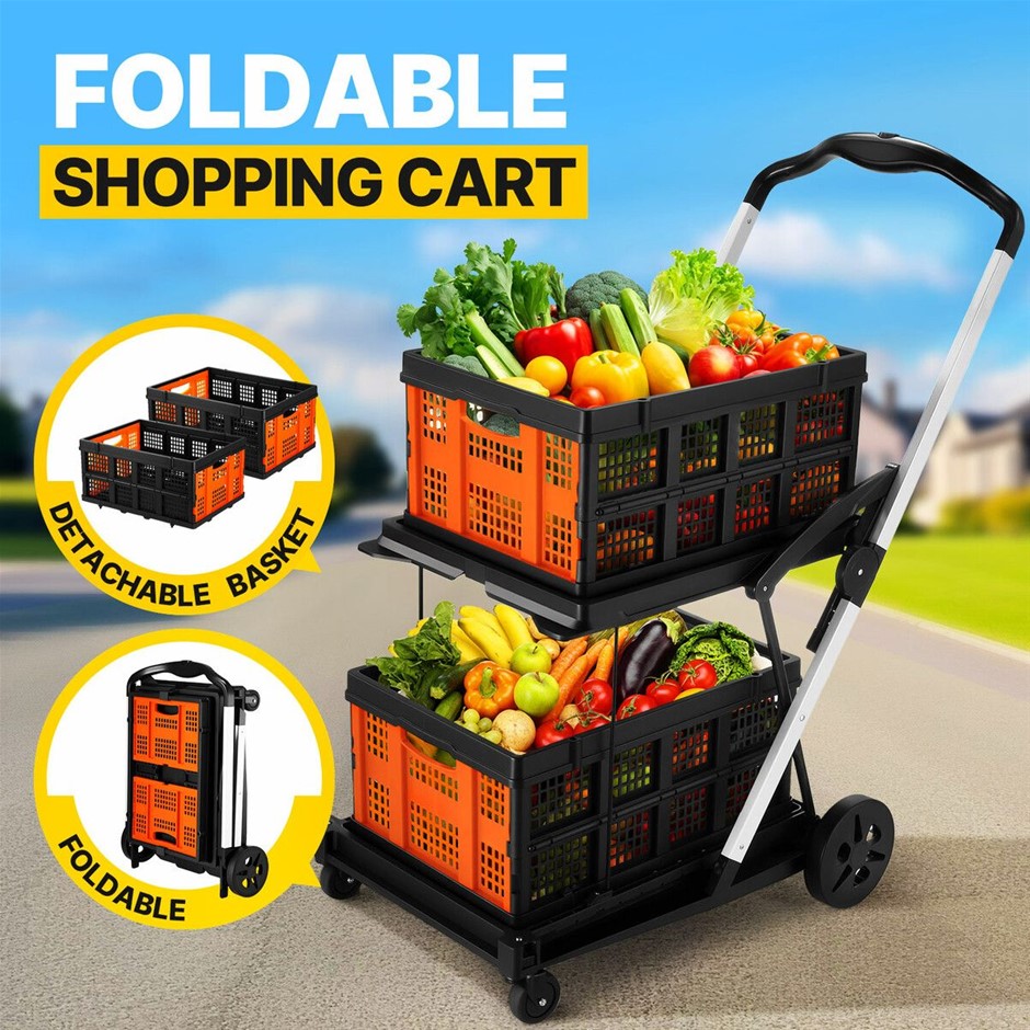 Folding Shopping Trolley Utility Cart w/ 2 Basket 4 Wheel Hand Truck Orange