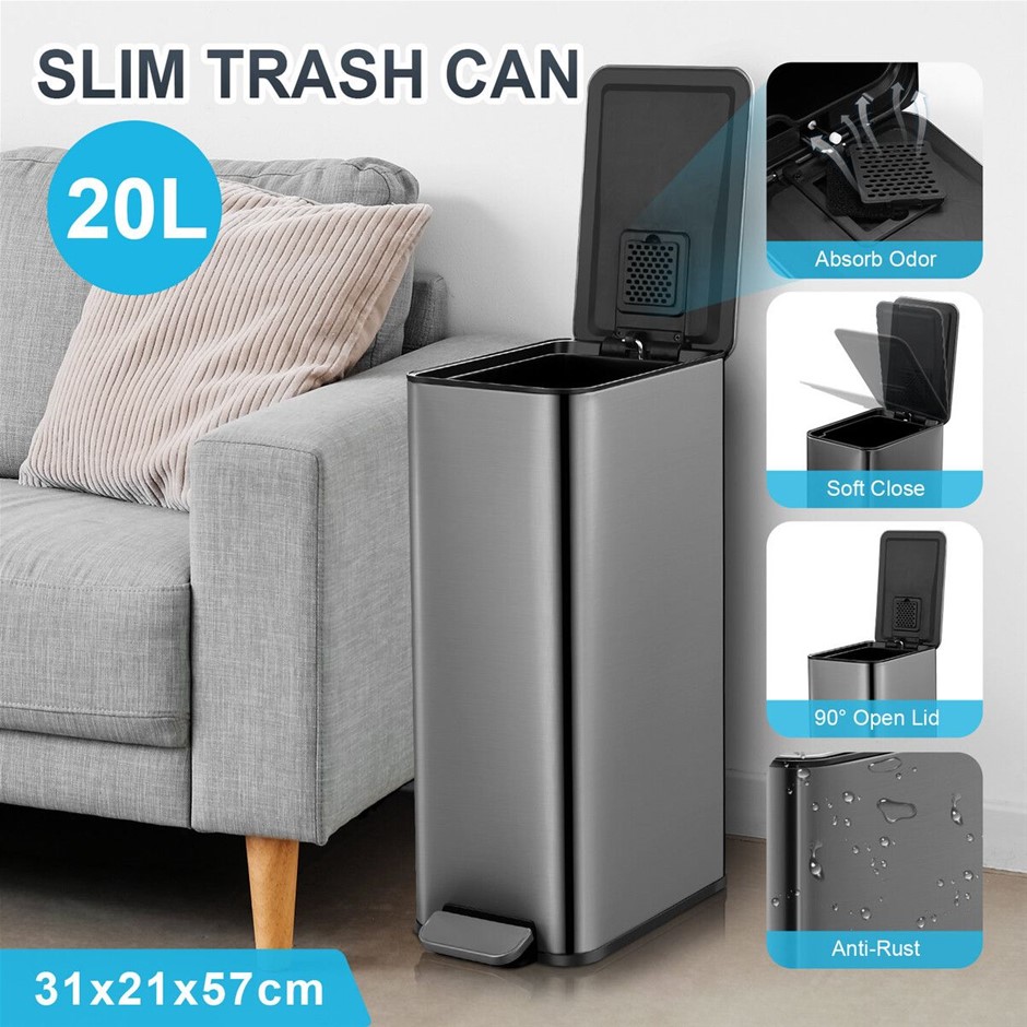 20L Slim Stainless Steel Pedal Bin Kitchen Office SoftClose Waste Bin Black