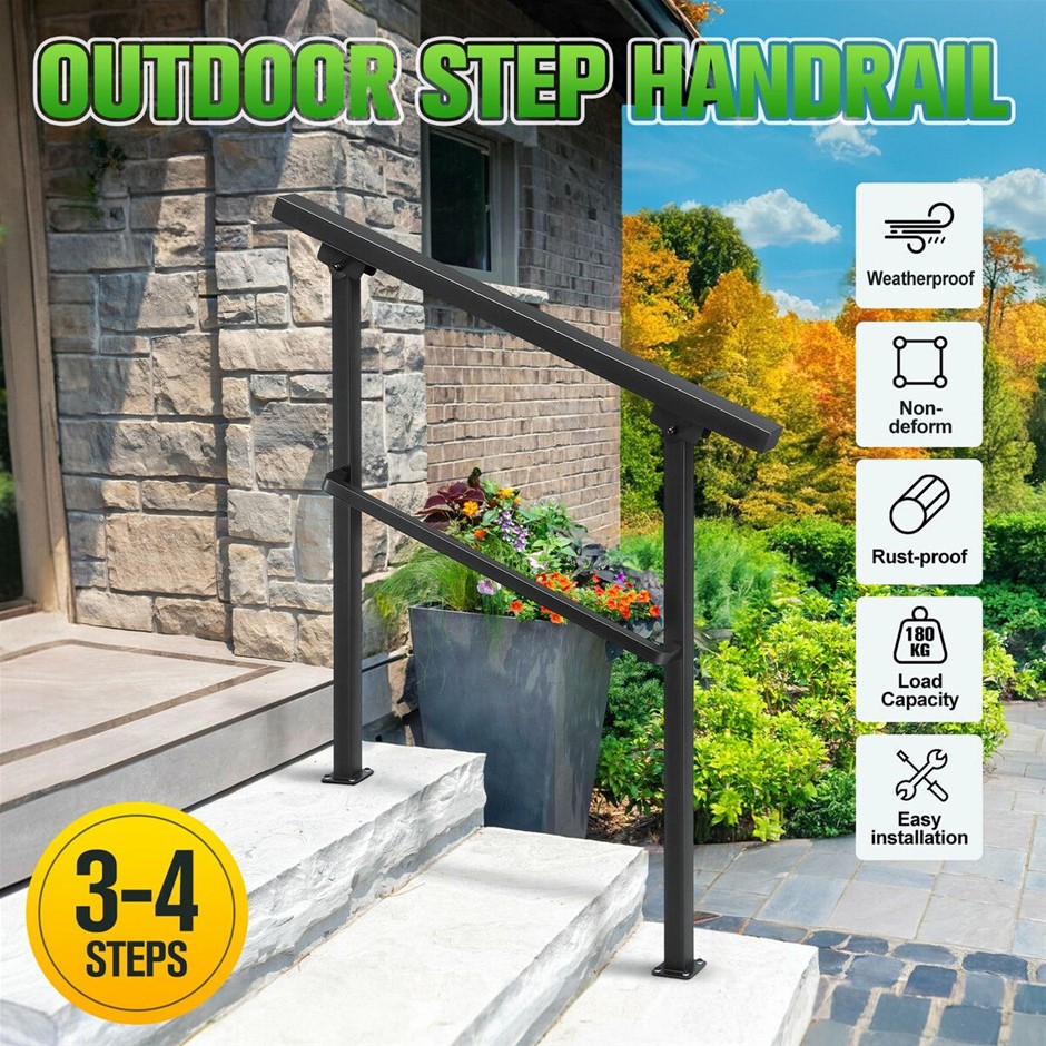 Adjustable 3-4 Steps Stair Handrail Kit Outdoor Safety Metal Railing Black