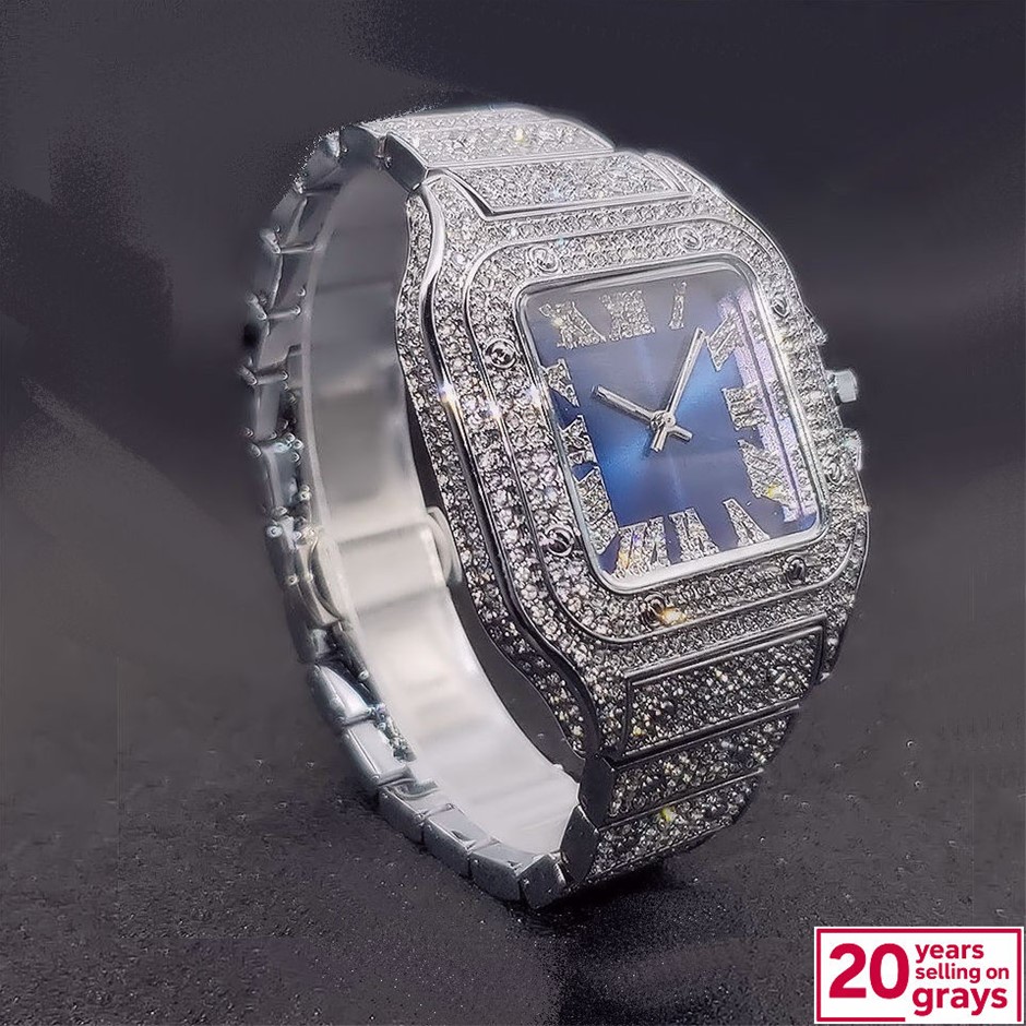 Men's Silver Blinged-Out Hip Hop Watch