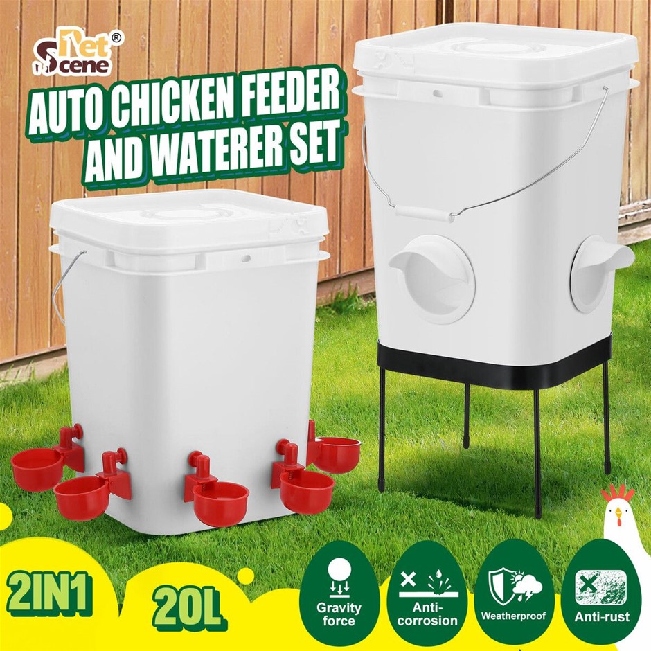 20L Automatic Chicken Feeder Waterer Set Gravity Fed Poultry Feeding System