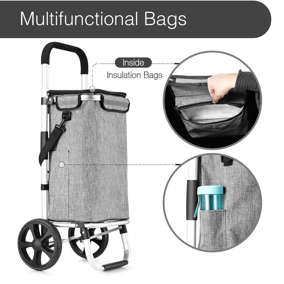 Foldable Shopping Trolley Waterproof Wheeled Aluminium Grocery Cart Grey