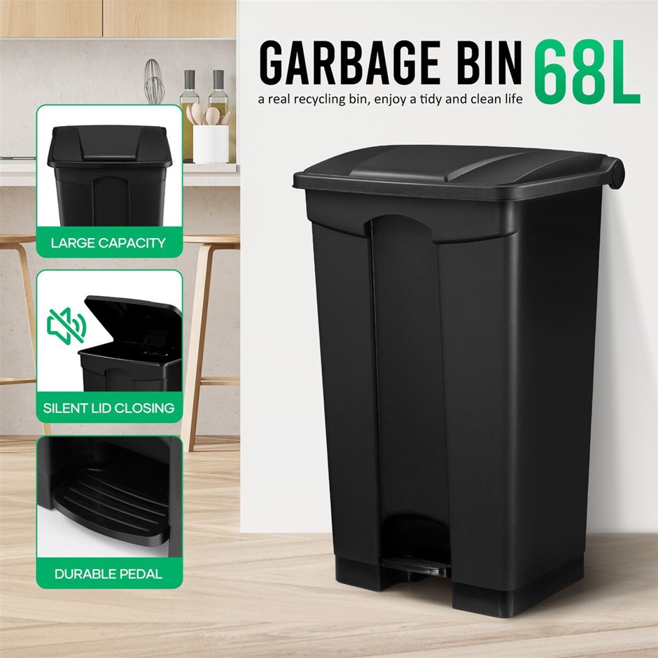 68L Pedal Rubbish Bin Large Plastic Kitchen Waste Can Black