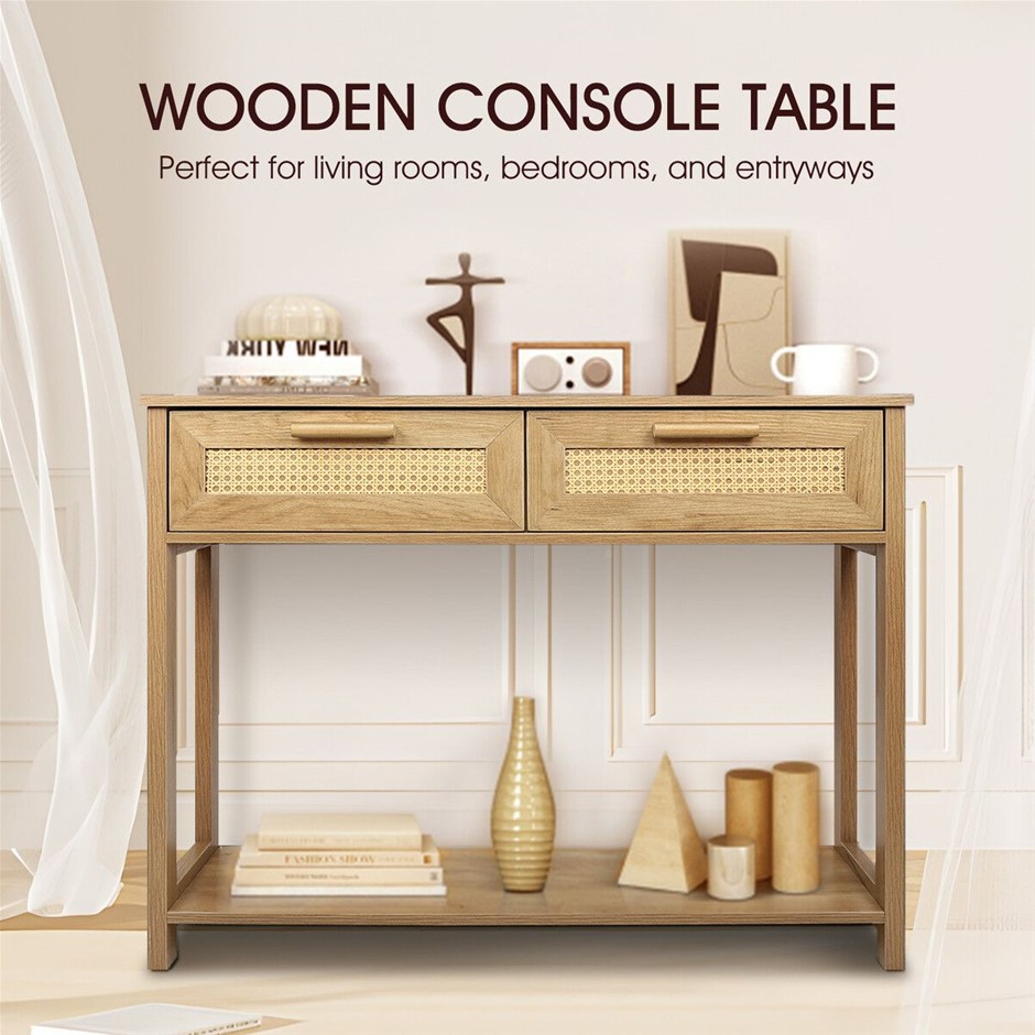 Narrow Console Table with Rattan Drawers Entryway Hall Sofa Table Oak