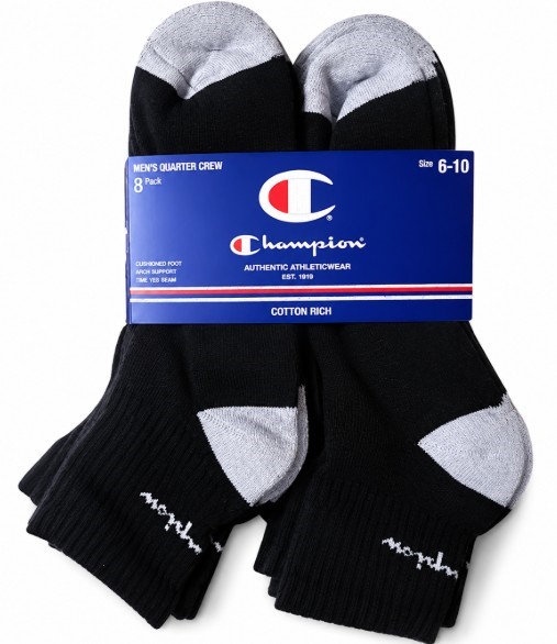 8 Pairs x CHAMPION Men's 1/4 Crew Socks, Size 6-10, Black, SXBT8G.
