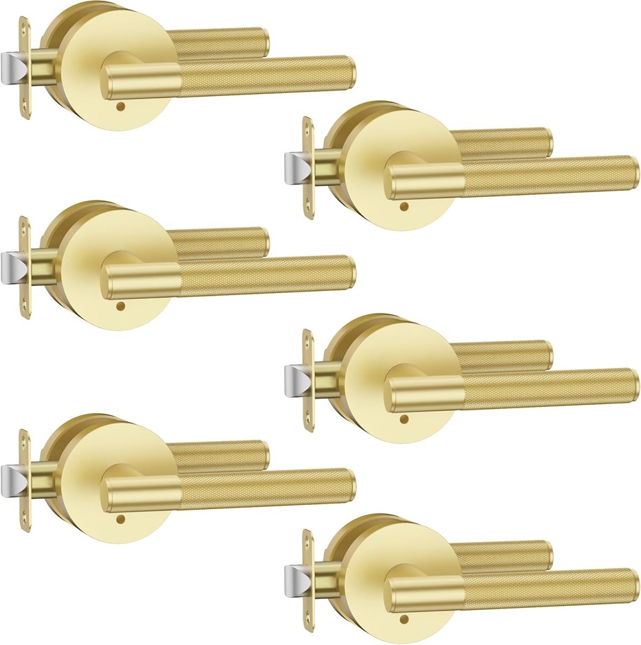 Asidrama 6 Pack Privacy Gold Door Handles, Door Lever with Door Knobs Indoo