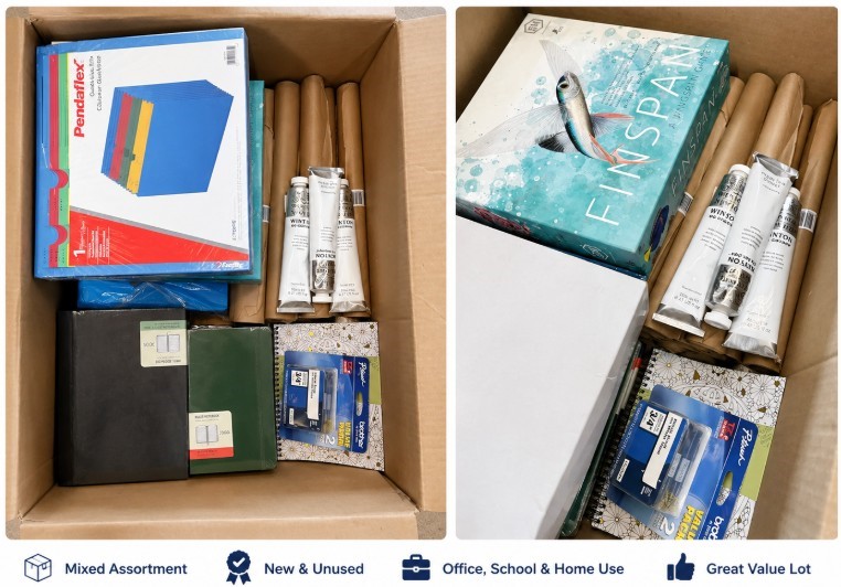 Box of Assorted Art & Stationery Supplies – Pendaflex File Folders, Winsor