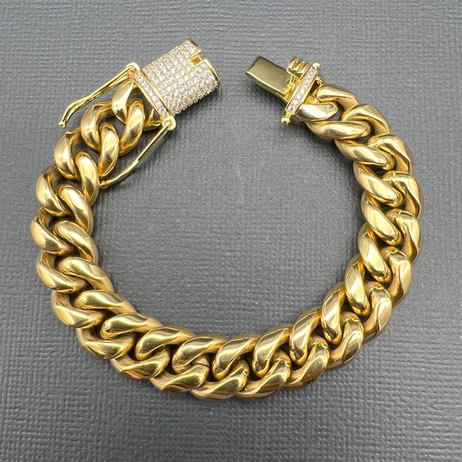 18K Gold-Filled Cuban Bracelet with AAA+ Cubic Zirconia Clasp - 17.8cm