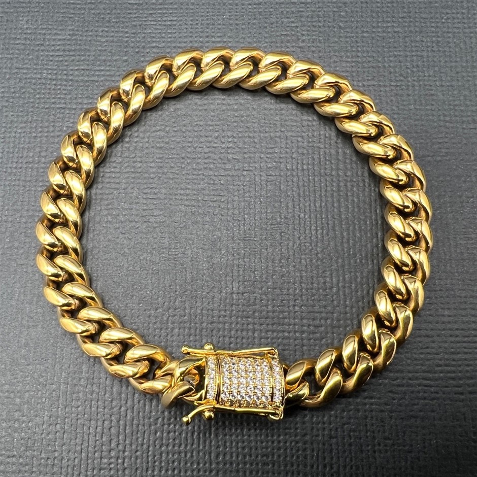 18K Gold-Filled Cuban Bracelet with AAA+ Cubic Zirconia Clasp, 8MM - 19cm