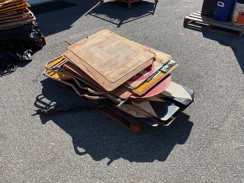 Pallet of road signs and emergency signs