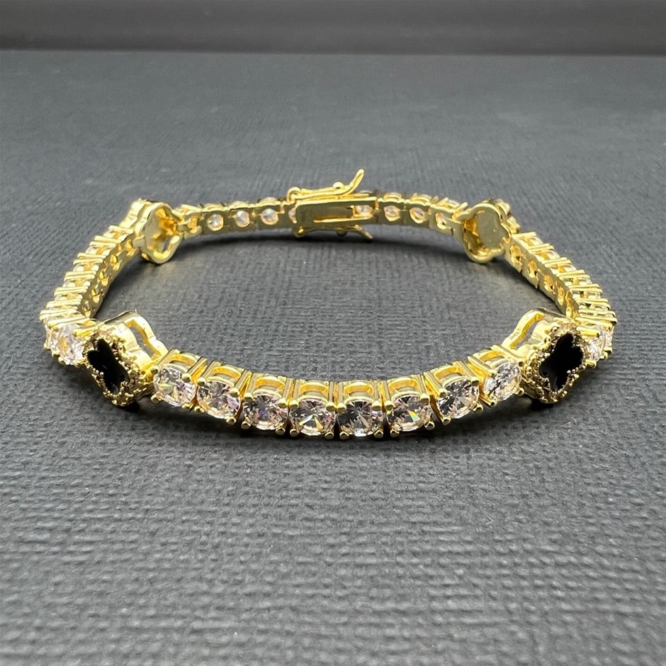 Gold-Filled Tennis Bracelet Four-Leaf Clover & AAA+ Cubic Zirconia  -17.8cm