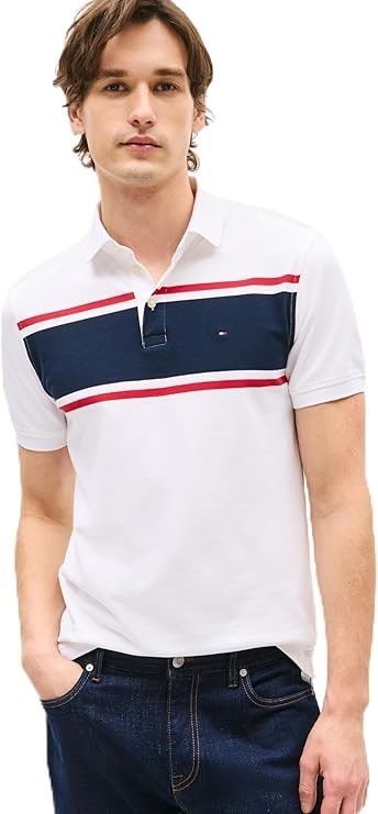 TOMMY HILFIGER Men's Flag Stripe Polo Shirt, SIze 2XL, Optic White, XM03879