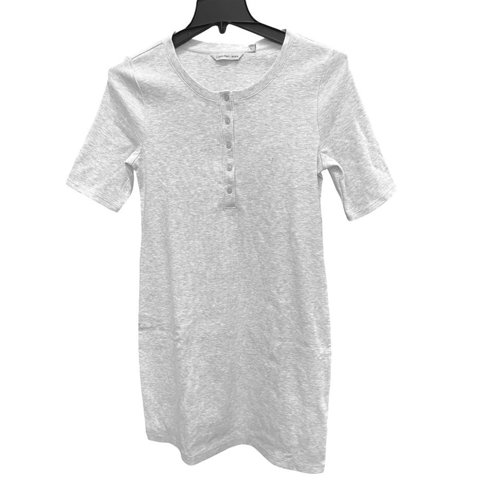 CALVIN KLEIN Women's Ribbed Button Dress, Size M, 58% Cotton, Optic Heather
