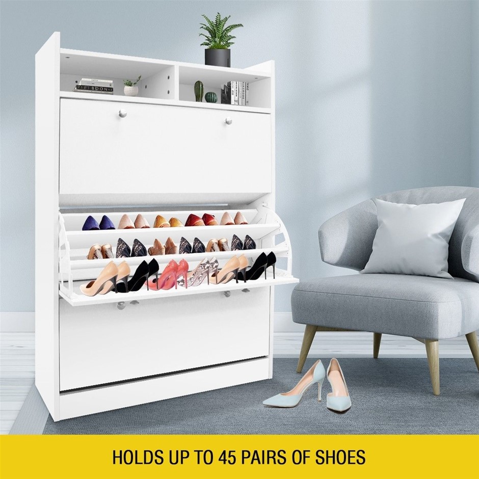 45 Pairs Wood Shoe Cabinet Rack Storage Shelves in White Finish