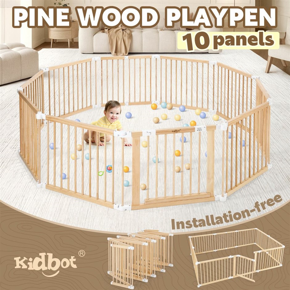 Kidbot 10 Panel Wooden Baby Playpen Foldable Safety Gate Activity Centre