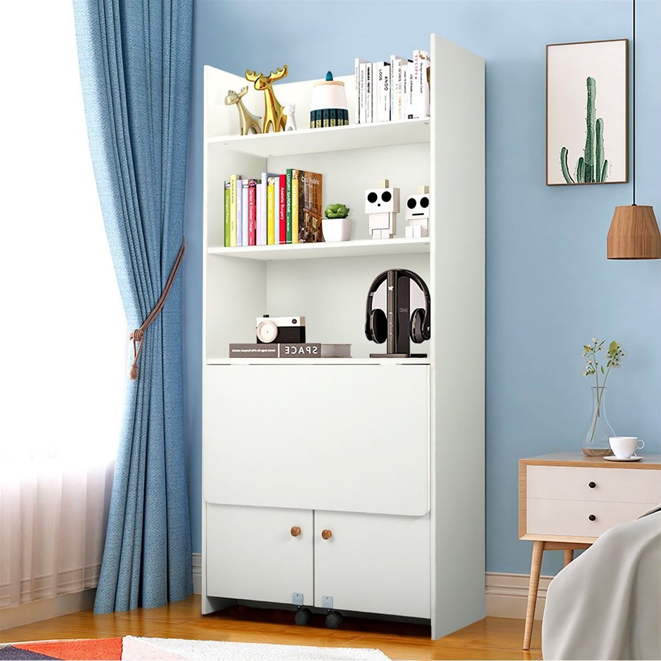 Multifunctional Computer Desk with Bookshelf Storage Workstation White