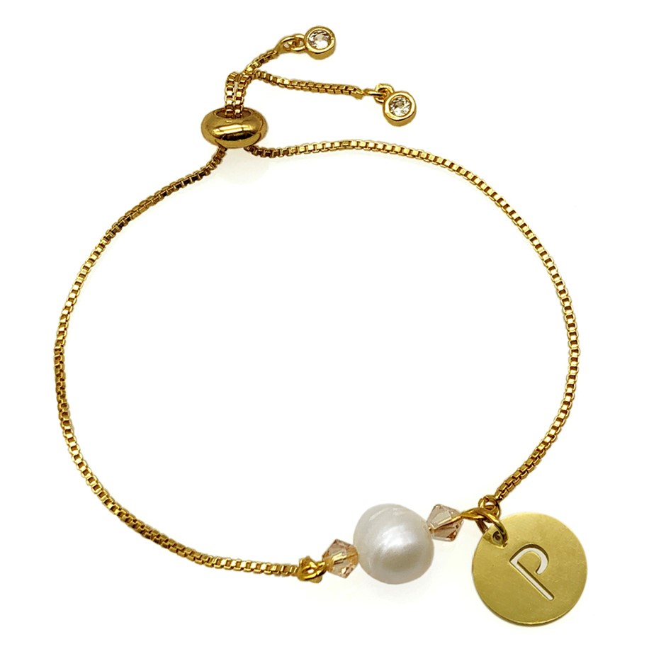 8-9mm Pearl & Swarovski Crystal & Initial Letter 'P' Charm Bracelet