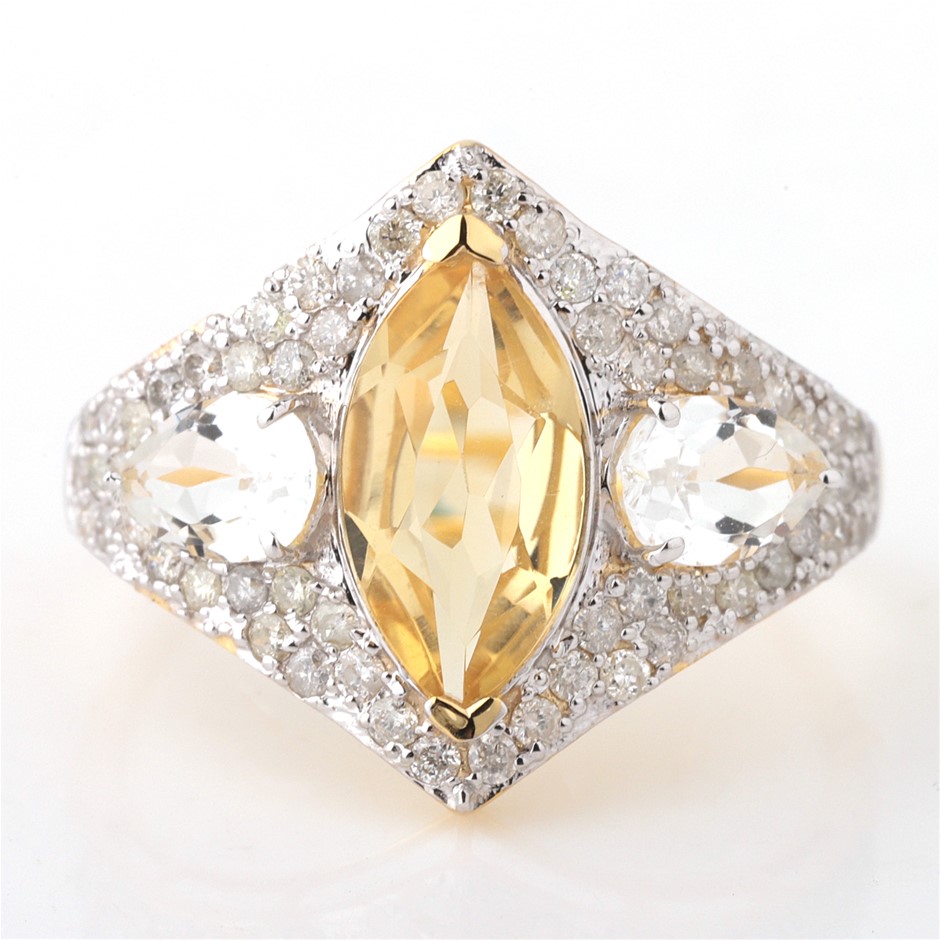 Yellow Gold Natural Citrine / Natural White Topaz & Diamond Ring