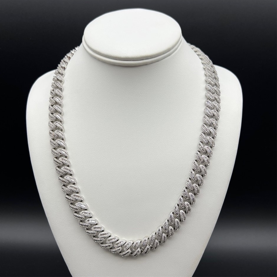 18K White-Filled Cuban Chain Necklace with AAA+ Cubic Zirconia - 55.8cm