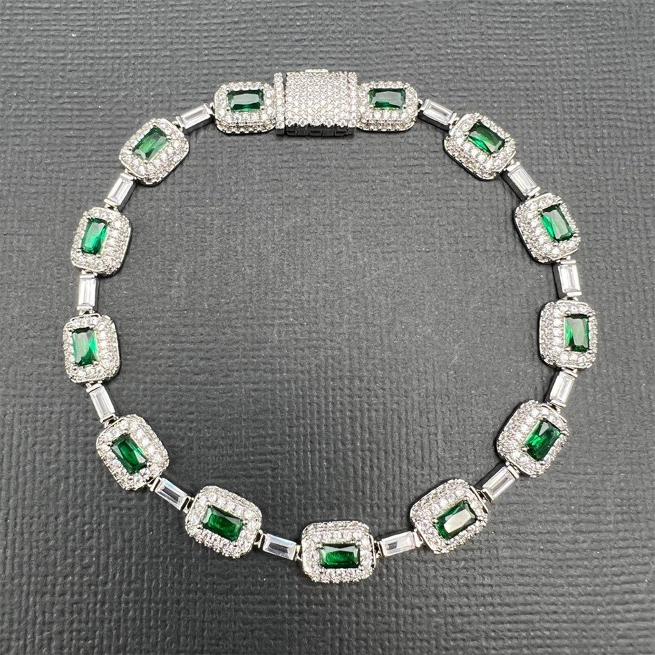 18K White Gold-Filled Chain Bracelet , AAA+ Cubic Zirconia - 20.3cm
