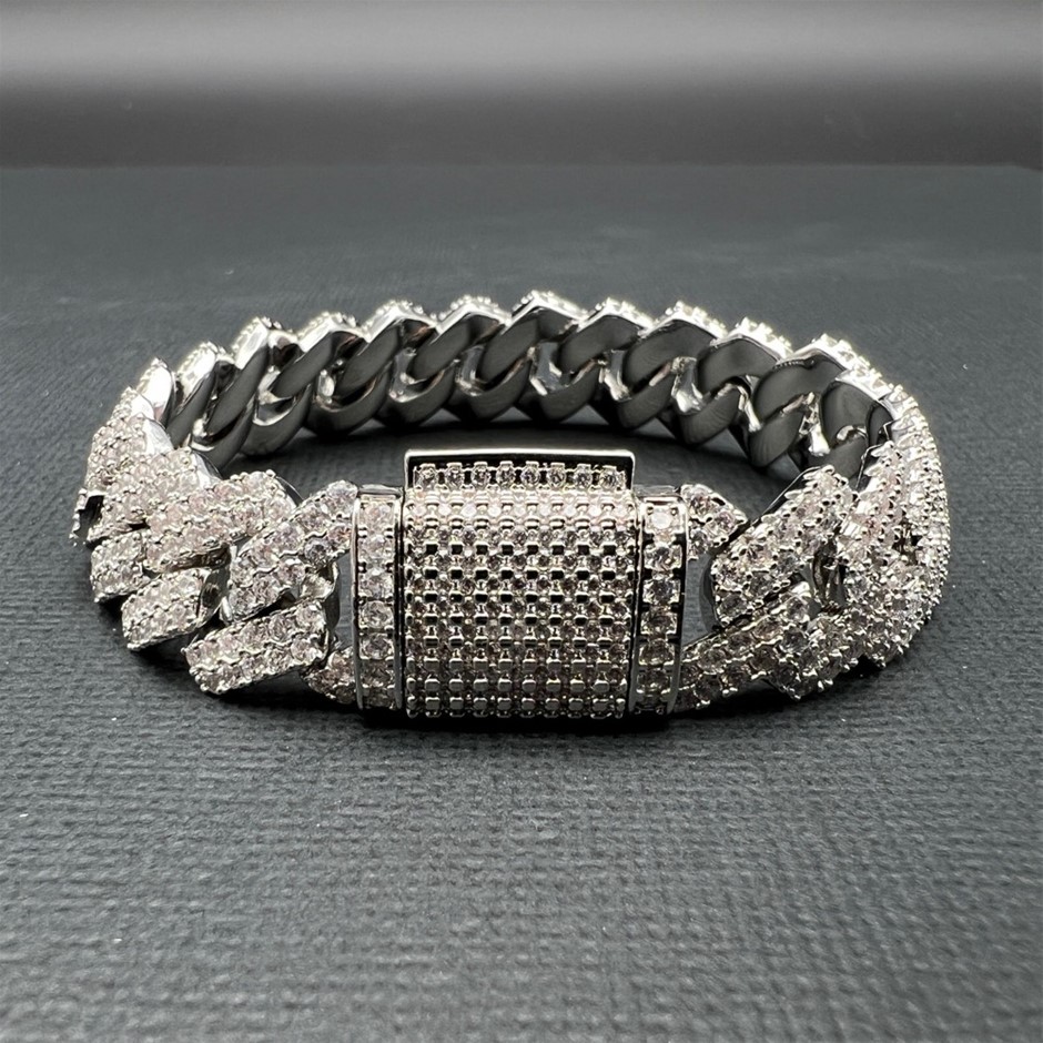 18K White-Filled Cuban Chain Bracelet , AAA+ Cubic Zirconia - 22.8cm