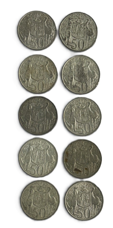 Mixed Lot Of 10 Australian 1966 Round 50 Cent Silver Coins