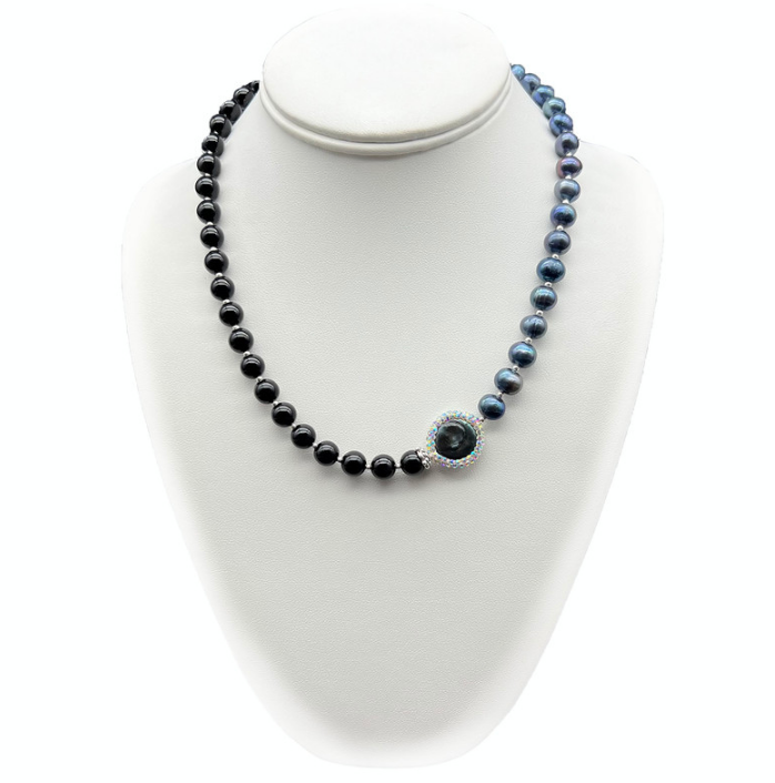 Freshwater, Baroque Pearl & Black Agate with Real Platinum Plated Necklace