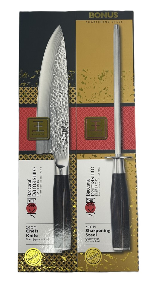 Baccarat Damashiro Emperor 20cm Chef’s Knife with Sharpening Steel.