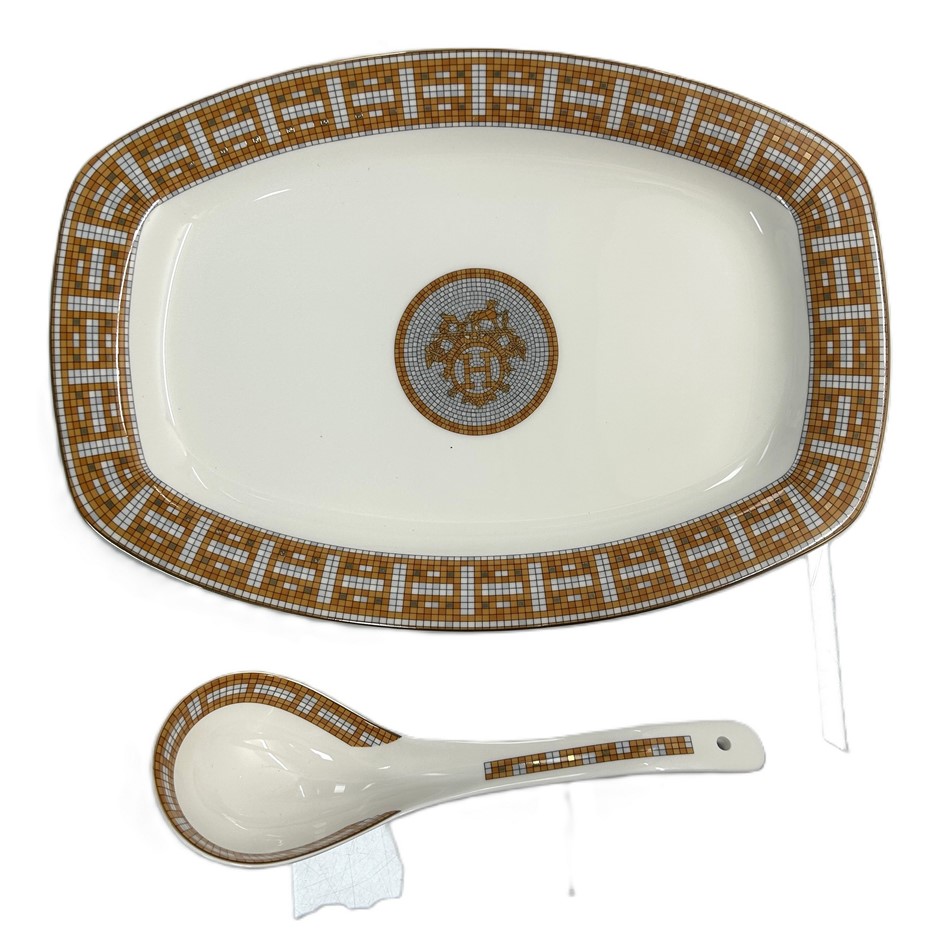 Hermès Mosaique au 24 large serving platter with matching serving spoon