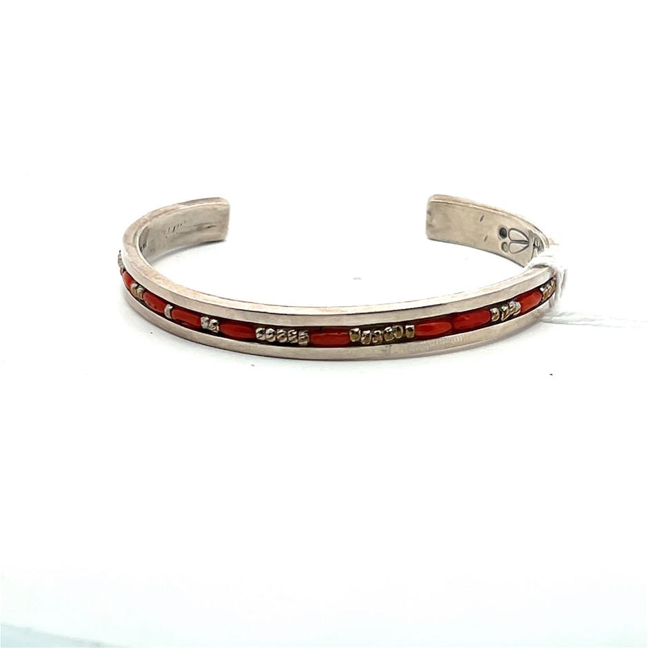Sterling Silver Coral and Cubic Zirconia Cuff Bangle