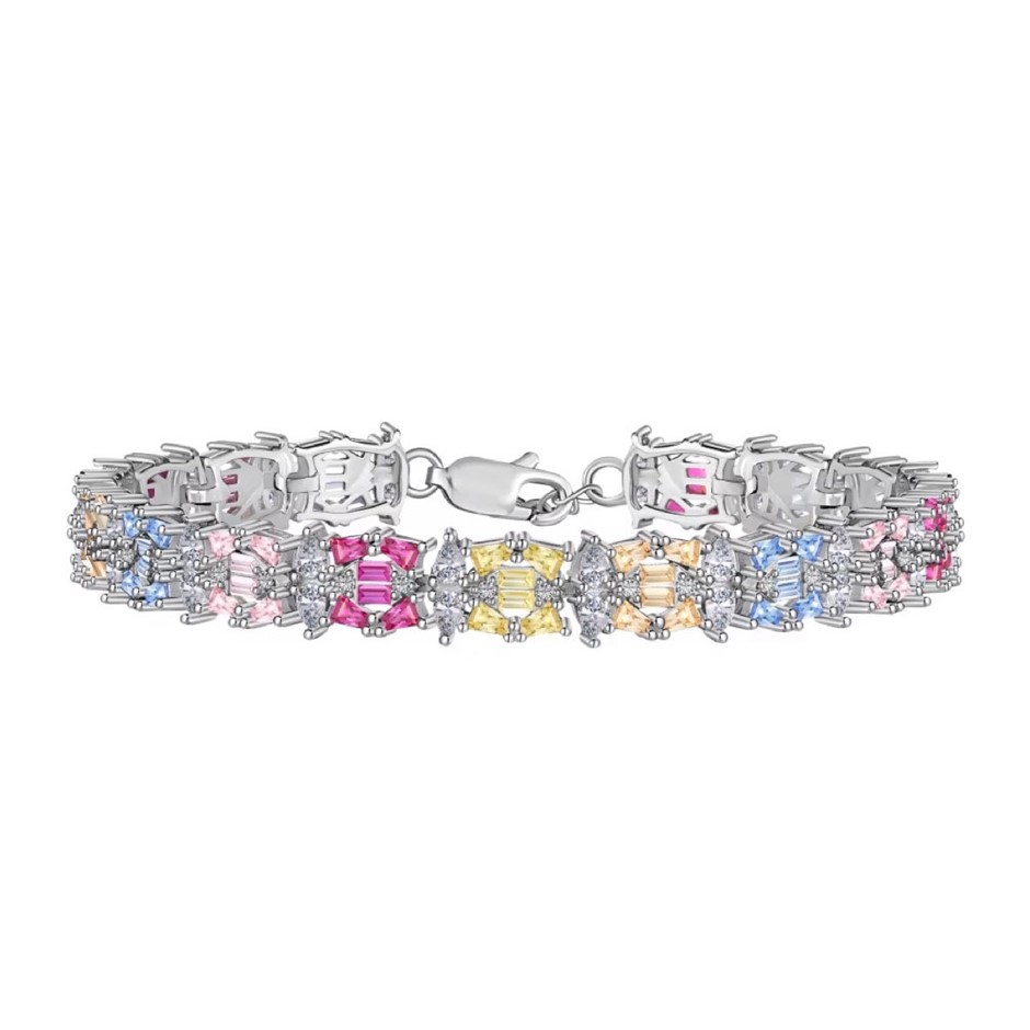 Multi Colour 5A Cubic Zirconia 925 Sterling Silver Tennis Bracelet-17cm