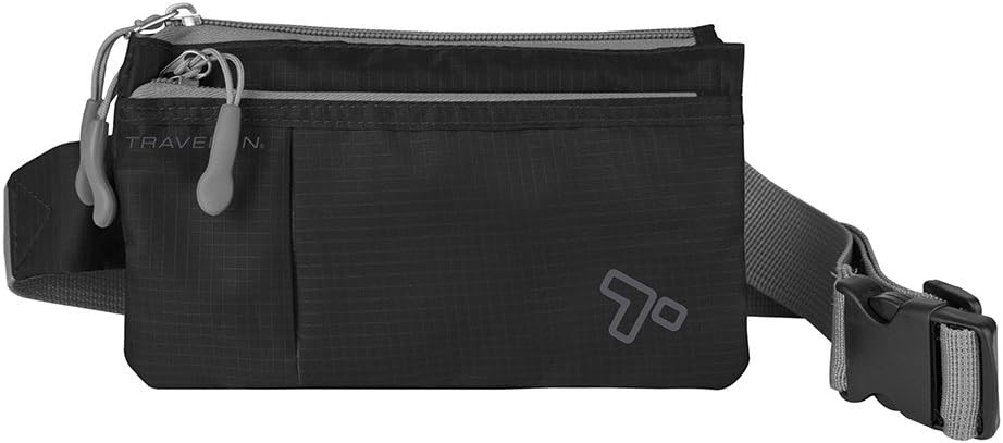 TRAVELON 6 Pocket Waist-Pack, Black, One Size, Adjustable Strap Fits Waist