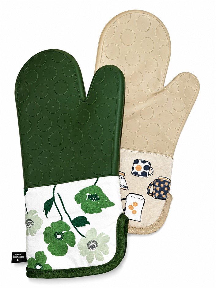 KATE SPADE New York 2 Piece Oven Mittens, Green and Beige. NB: no packaging