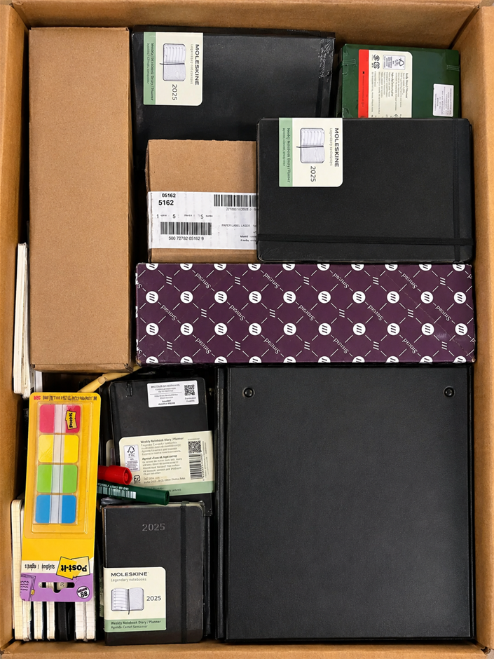 BOX OF ASSORTED BRANDED STATIONERY: Moleskine 2025 Planners, Post-it Tabs,