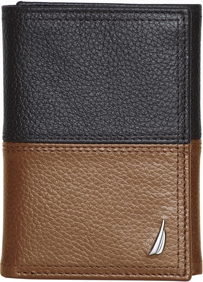 NAUTICA Classic J-Class Leather Bifold Wallet, Black/Cognac, One Size