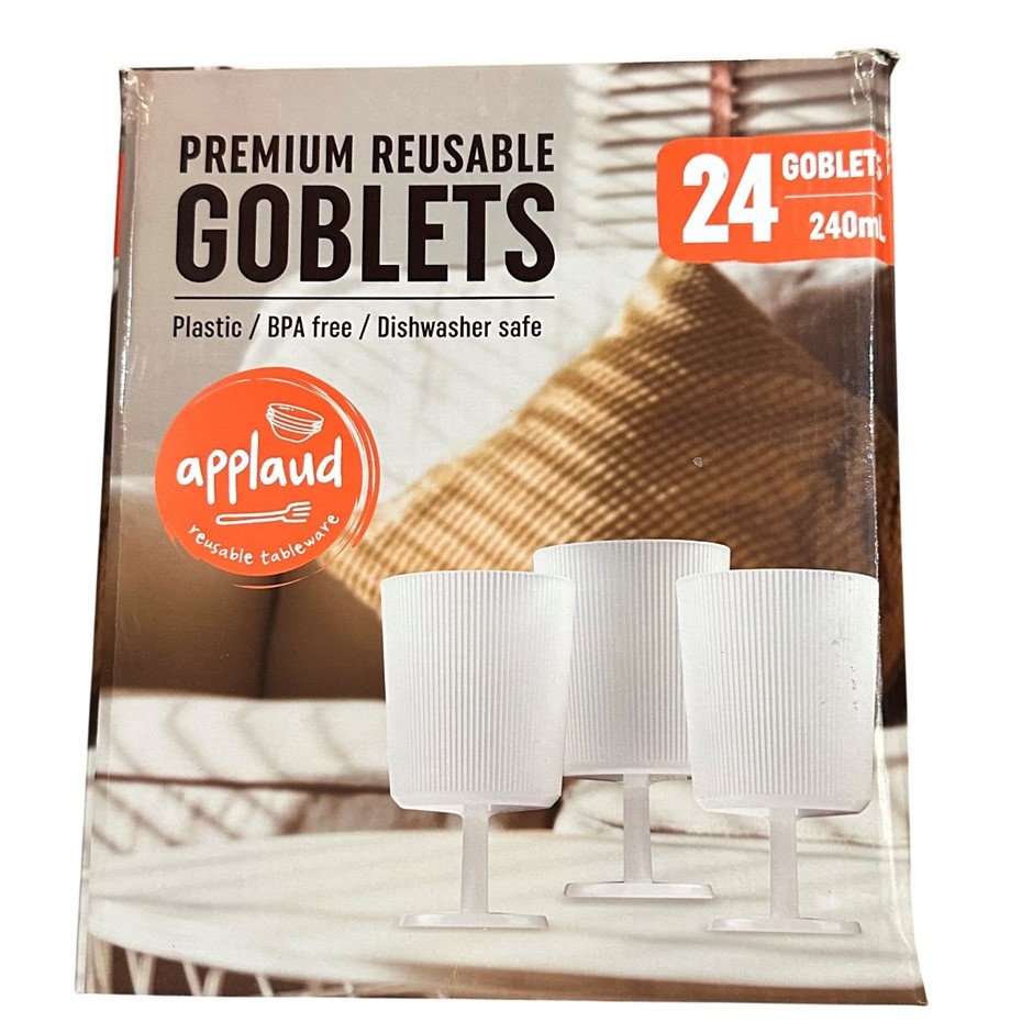 Box of 24pc APPLAUD Wine Goblet Reusable, Clear Acrylic, 240ml. NB: Not in