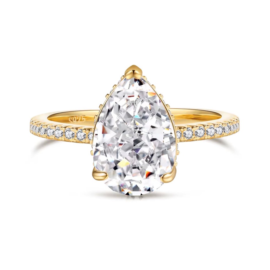 2.75ct Pear 8A Cubic Zirconia 18K Gold Filled 925 Silver Ring - Size 8