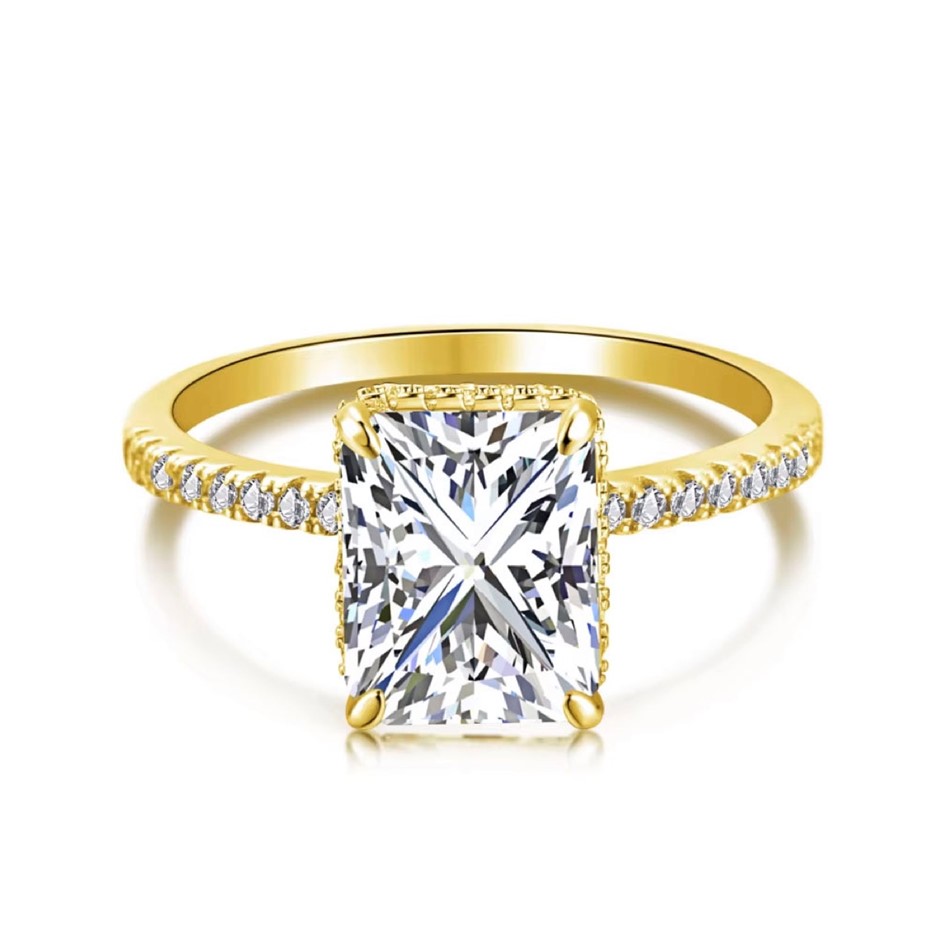 4ct Rectangle 8A Cubic Zirconia 18K Gold Filled 925 Silver Ring - Size 6