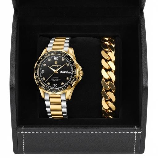 Luxury Poedagar Watch & Cuban Link Bracelet Set with Premium Gift Box