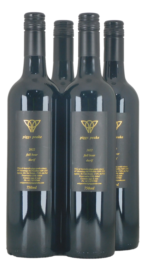 Piggs peake Full Boar Durif 2022 (4x 750mL), NSW.