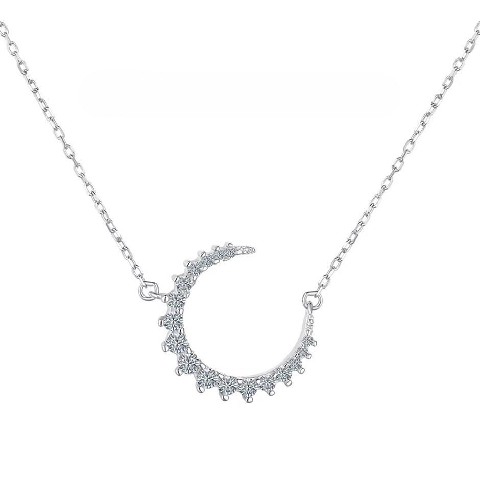 0.164ct Round Lab Created Moissanite 925 Silver Moon Pendant Necklace