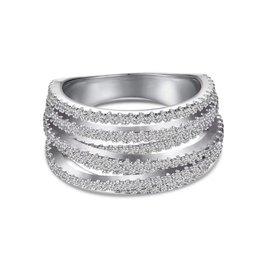 Cubic Zirconia Multi Row 925 Sterling Silver Band Ring - Size 7