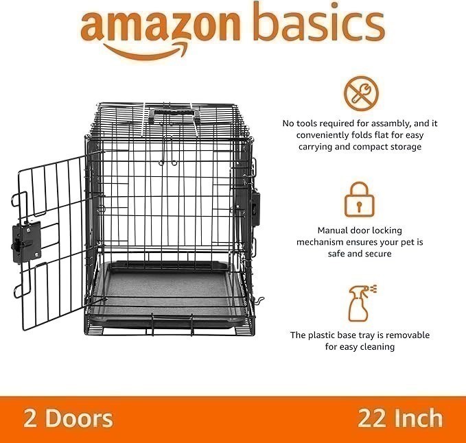 AMAZON BASICS Durable Foldable Metal Wire Dog Crate with Tray, Double Door