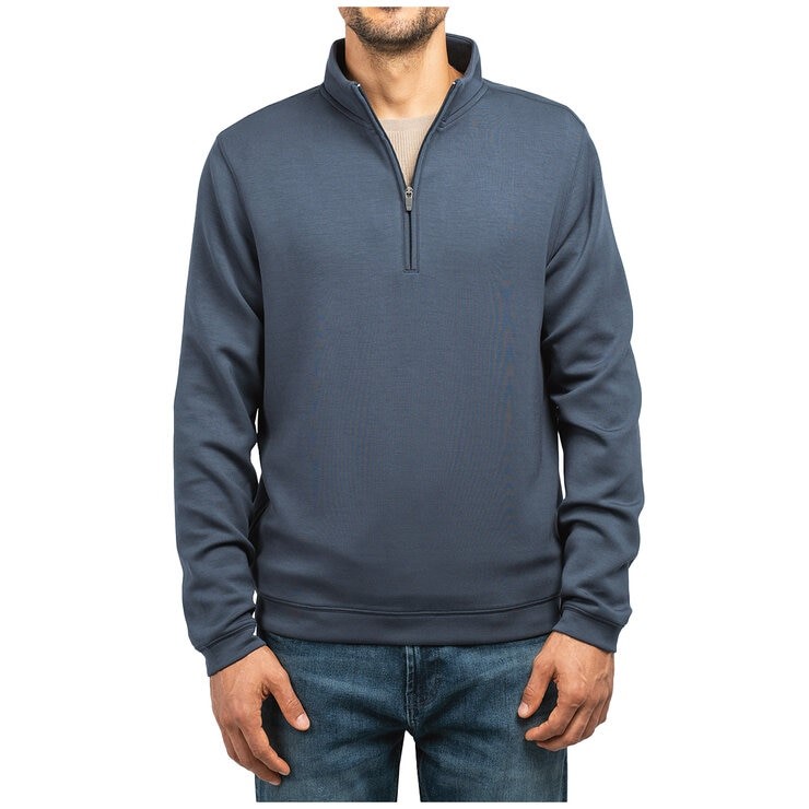 SCOTT BARBER Men's 1/4 Zip Sweater, Size L, 78% Modal, Navy. NB: some minor