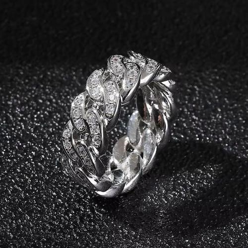 18K White Gold-Filled Cuban Link Ring with AAA+ Cubic Zirconia - Size 9